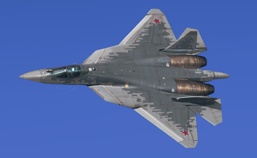 aircraft airplane blue_sky fighter_jet flying insignia jet military military_vehicle original pak-fa sky su-57 zephyr164
