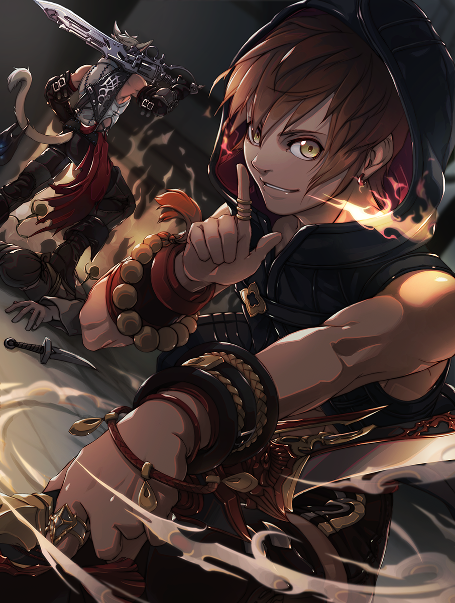 3boys animal_ears bare_arms bare_shoulders bead_bracelet beads boots bracelet brown_hair cat_boy cat_ears cat_tail commentary_request dutch_angle earrings final_fantasy final_fantasy_xiv gauntlets grin gunblade gunbreaker_(final_fantasy) hand_up highres holding holding_weapon hood hood_up hoodie hoodie_vest hyur index_finger_raised jewelry knife lips looking_at_viewer lying male_focus mihira_(tainosugatayaki) miqo'te multiple_boys ninja_(final_fantasy) on_stomach outstretched_arm over_shoulder pants parted_lips platinum_blonde_hair ring shirt short_hair sidelocks sleeveless sleeveless_shirt smile smoke solo_focus standing_on_person tail tail_through_clothes vest weapon weapon_over_shoulder yellow_eyes