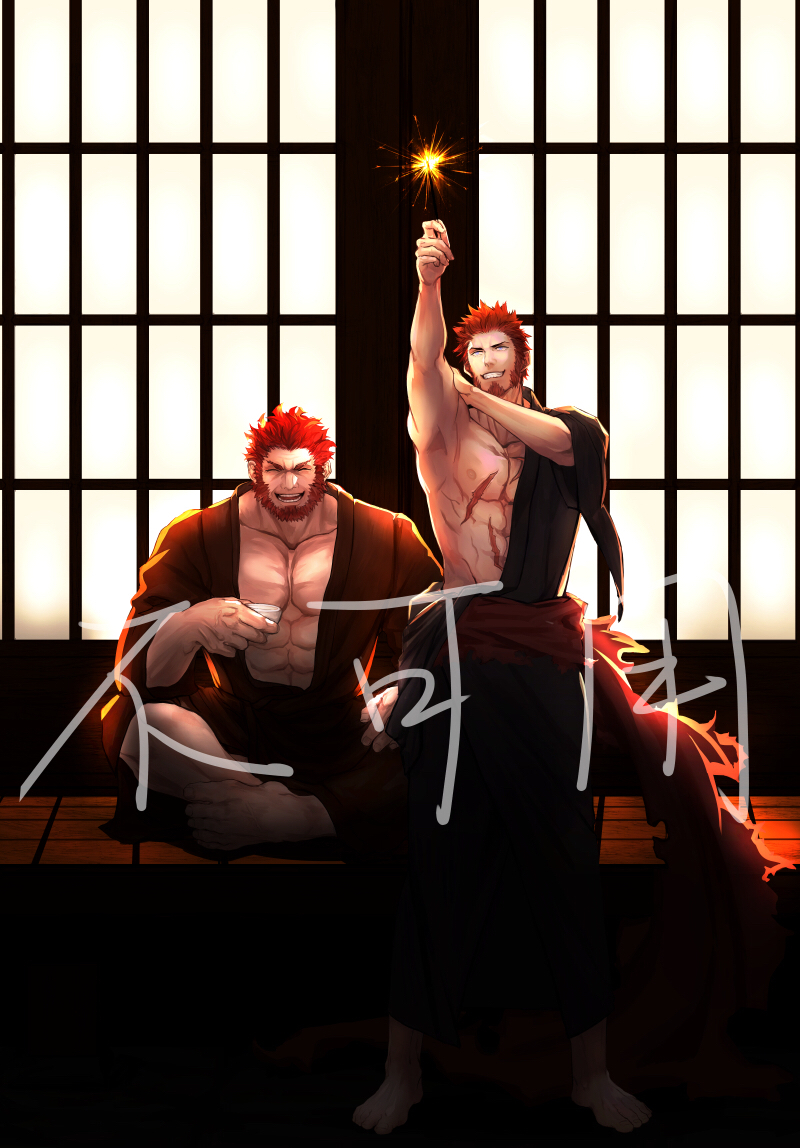 2boys abs bara beard blue_eyes brown_hair chest cup facial_hair fate/grand_order fate_(series) japanese_clothes long_sleeves male_focus multiple_boys muscle napoleon_bonaparte_(fate/grand_order) new_year open_clothes pectorals q307011598 red_hair rider_(fate/zero) scar simple_background smile