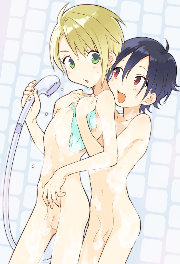 2boys blonde_hair blue_hair censored convenient_censoring grabbing grabbing_from_behind green_eyes hair_between_eyes multiple_boys navel nude original penis pillow_(nutsfool) red_eyes shota showering smile steam steam_censor testicles wet yaoi