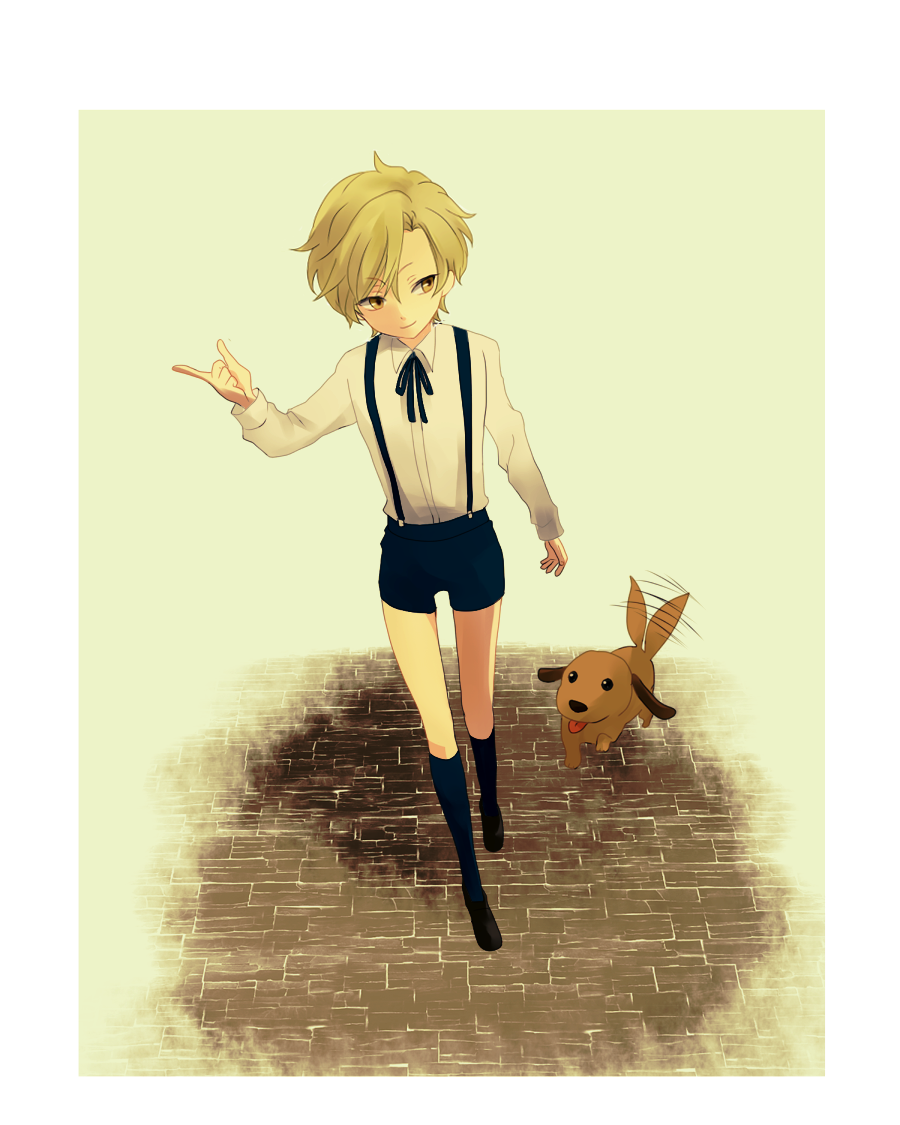 1boy blonde_hair collared_shirt dog full_body hair_between_eyes kneehighs male_focus navy_blue_legwear original ribbon shirt shorts smile solo spf93 suspender_shorts suspenders white_shirt yellow_eyes