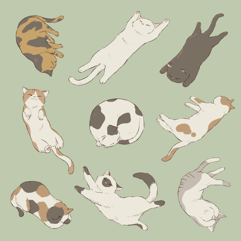 ^_^ animal animal_focus avogado6 black_cat calico cat cat_focus cat_loaf closed_eyes closed_mouth facing_away facing_viewer green_background lying muted_color no_humans on_back on_side on_stomach original simple_background too_many too_many_cats white_cat |3