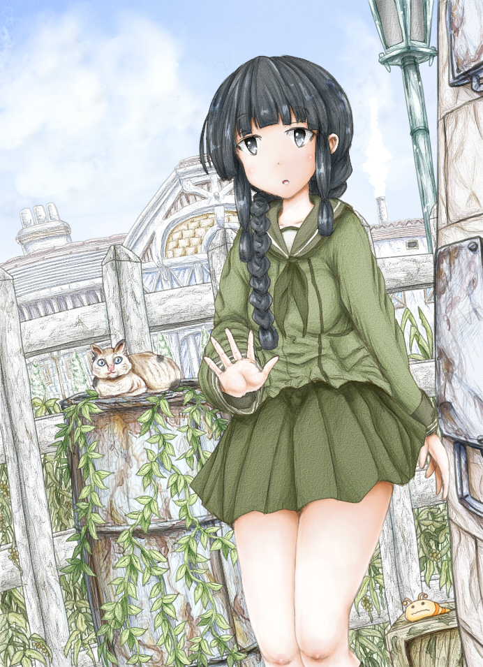 1girl :o arm_at_side arm_up bangs barrel black_hair blue_sky blunt_bangs braided_ponytail building cat chimney cloud contrapposto crate cropped_legs day dutch_angle expressionless fence green_neckwear green_sailor_collar green_serafuku green_skirt kantai_collection kitakami_(kantai_collection) lamppost long_hair long_sleeves looking_at_viewer neckerchief open_hand outdoors plant pleated_skirt sailor_collar sidelocks silver_eyes skirt sky sleeve_cuffs slug solo stone_wall vines wall wooden_fence ys_(ytoskyoku-57)