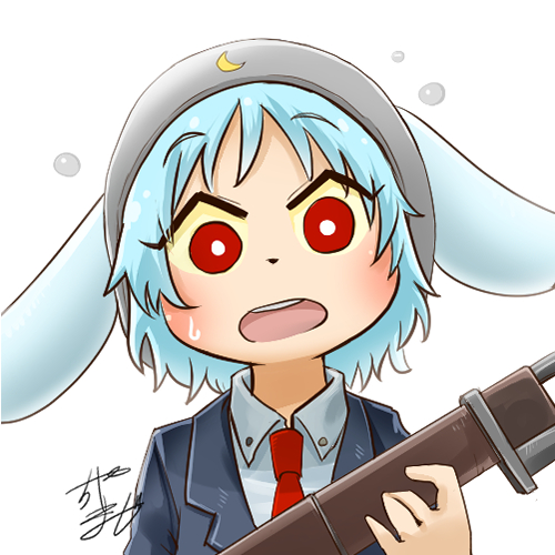 1girl animal_ears avatar_icon bunny_ears chamaji collared_shirt commentary eyebrows_visible_through_hair gun hat holding holding_gun holding_weapon jacket looking_at_viewer lowres moon_print necktie open_mouth purple_hair red_eyes red_neckwear reisen rifle shirt short_hair signature solo sweatdrop touhou weapon white_background