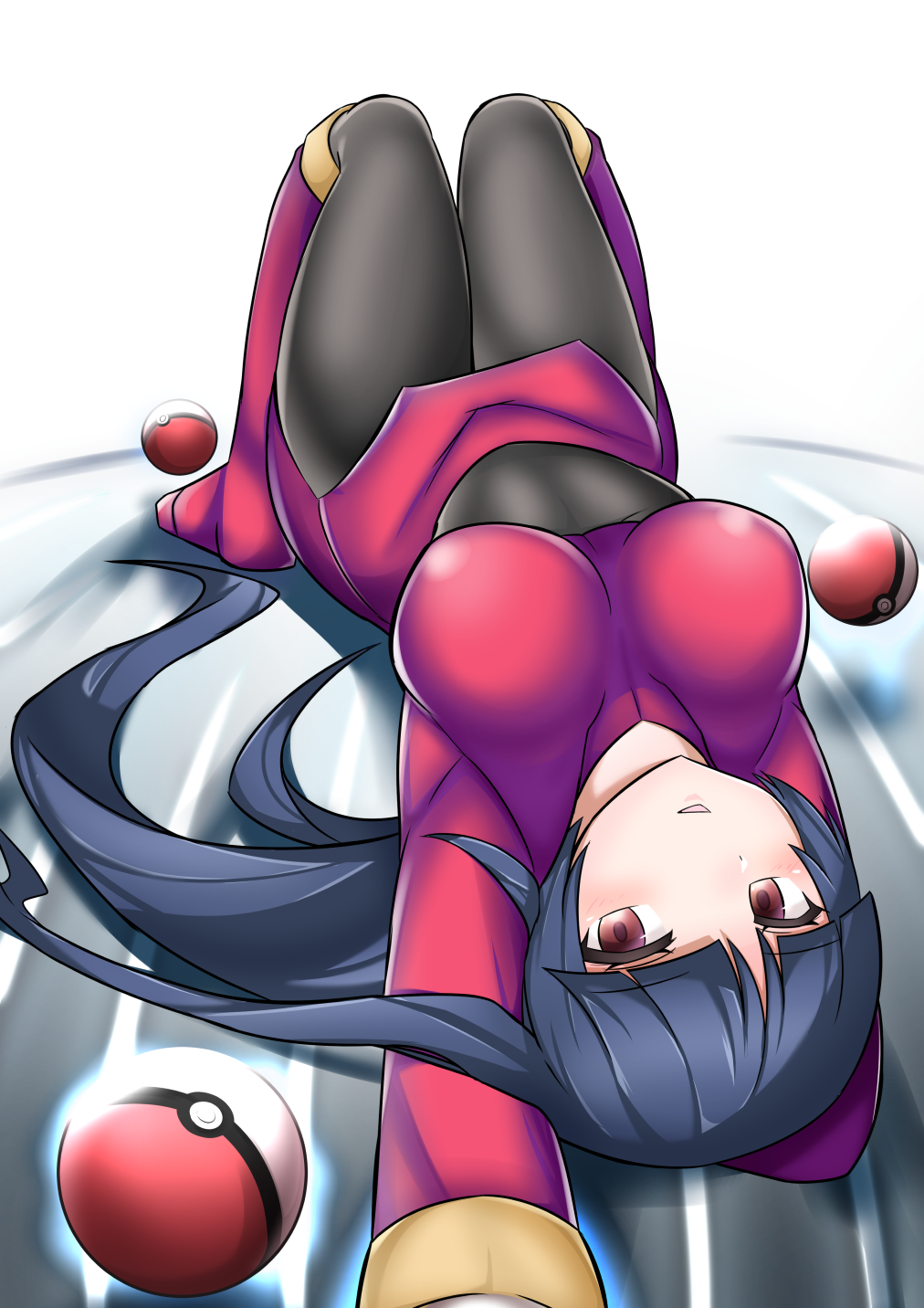 1girl black_hair bodysuit breasts brown_eyes gen_1_pokemon gym_leader highres large_breasts long_hair looking_at_viewer natsume_(pokemon) pantyhose poke_ball poke_ball_(generic) pokemon pokemon_(game) pokemon_rgby skin_tight solo sumida_kichi