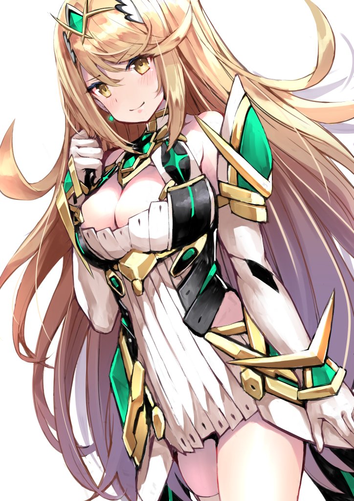 1girl bangs bare_shoulders blonde_hair blush breasts cleavage closed_mouth cowboy_shot earrings headpiece hikari_(xenoblade_2) jewelry large_breasts long_hair looking_at_viewer rin2008 simple_background skindentation smile solo swept_bangs tiara very_long_hair white_background xenoblade_(series) xenoblade_2 yellow_eyes