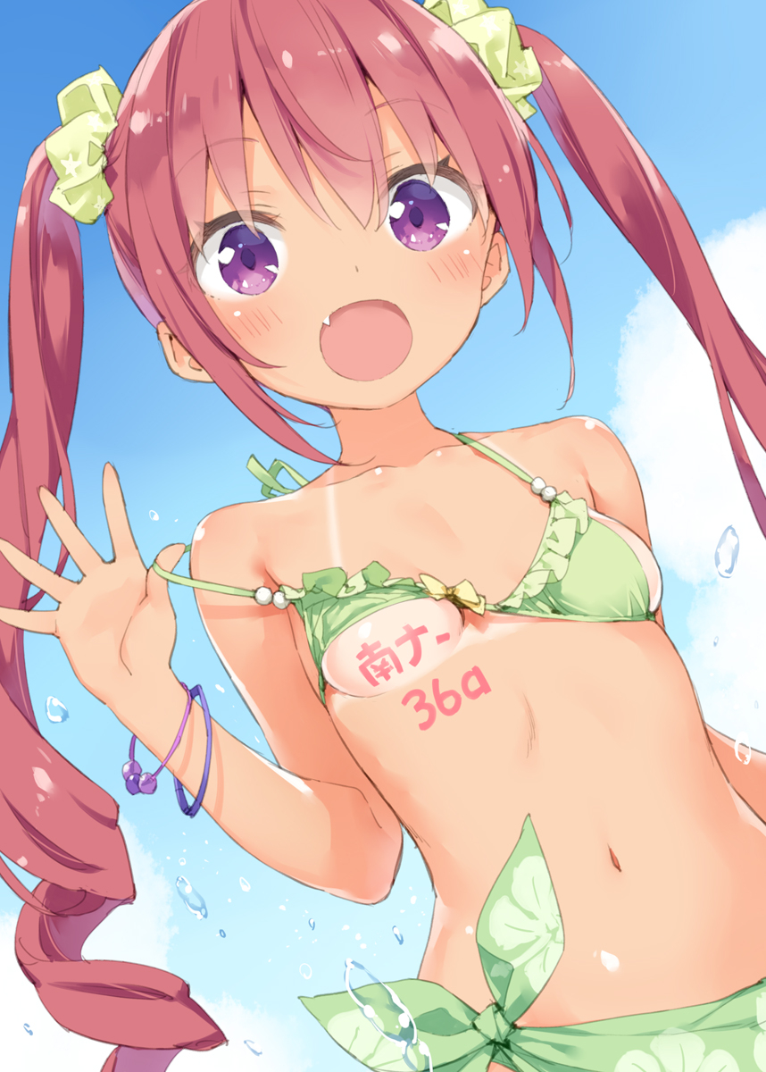 1girl :d bangs bikini bikini_tan blue_sky blush breasts collarbone day drill_hair dutch_angle eyebrows_visible_through_hair fanbox_reward fang frilled_bikini frills green_bikini hair_ornament hair_scrunchie hazuki_watora highres long_hair navel open_mouth original outdoors paid_reward peko pulled_by_self purple_eyes red_hair sarong scrunchie sidelocks sky small_breasts smile solo stomach strap_pull swimsuit tan tanline tareme twintails underboob upper_body wristband