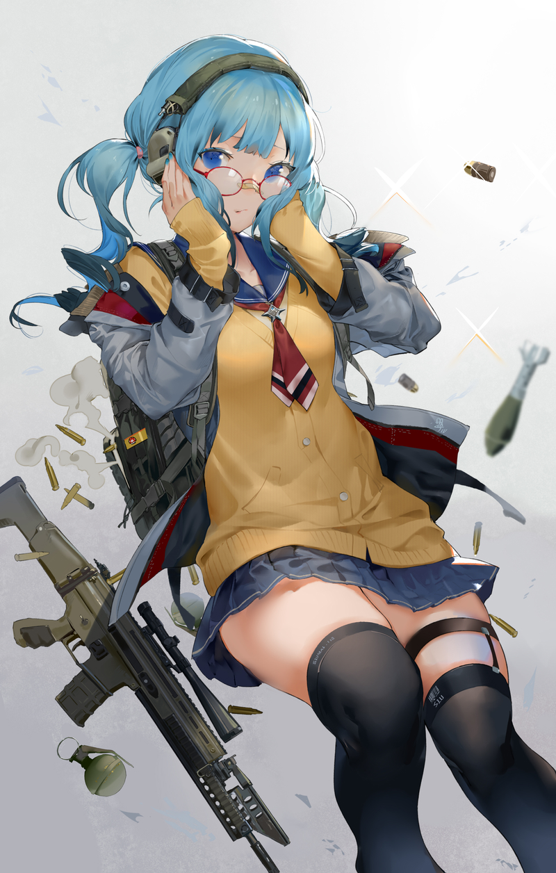 1girl assault_rifle backpack bag bandaid bandaid_on_nose bangs black_legwear blue_eyes blue_hair blue_nails blue_sailor_collar blue_skirt bomb breasts brown_cardigan bullet cardigan closed_mouth commentary_request ear_protection explosive eyebrows_behind_hair fn_scar glasses grenade grey_jacket gun hands_on_own_face hands_up highres jacket long_hair long_sleeves looking_at_viewer nail_polish neckerchief open_clothes open_jacket original pleated_skirt red-framed_eyewear red_neckwear rifle sailor_collar school_uniform scope serafuku shirt skirt sleeves_past_wrists small_breasts solo sparkle thighhighs twintails weapon white_shirt yamano_(yamanoh)
