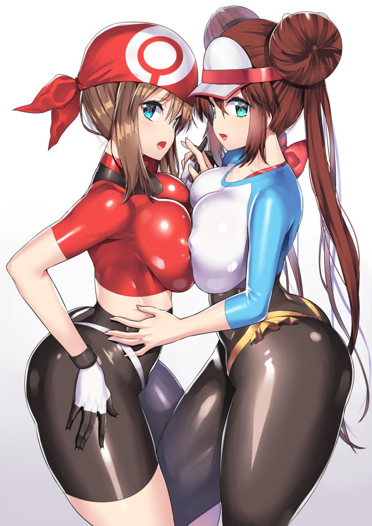 2girls bandana bangs bike_shorts black_legwear blue_eyes breast_press breasts brown_hair double_bun gloves haruka_(pokemon) interlocked_fingers large_breasts long_hair looking_at_viewer mei_(pokemon) multiple_girls nagase_haruhito open_mouth pantyhose pokemon pokemon_(game) pokemon_bw2 pokemon_rse raglan_sleeves simple_background symmetrical_docking twintails very_long_hair visor_cap