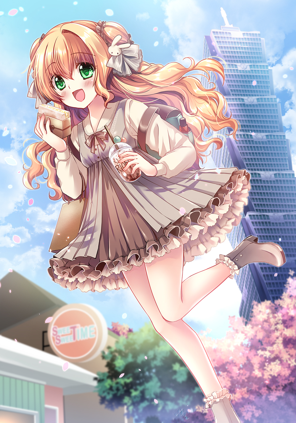 1girl blonde_hair blue_sky boots bow brown_bow brown_footwear brown_skirt bubble_tea building cloud cloudy_sky collared_shirt commentary_request cup day disposable_cup dress drinking_straw food frilled_boots frilled_footwear frilled_skirt frills green_eyes grey_dress high_heel_boots high_heels highres holding holding_cup holding_food long_hair long_sleeves original outdoors petals pleated_skirt sakurano_tsuyu sandwich shirt sign single_hair_intake skirt sky skyscraper sleeveless sleeveless_dress solo standing standing_on_one_leg striped striped_bow tree very_long_hair wavy_hair white_shirt