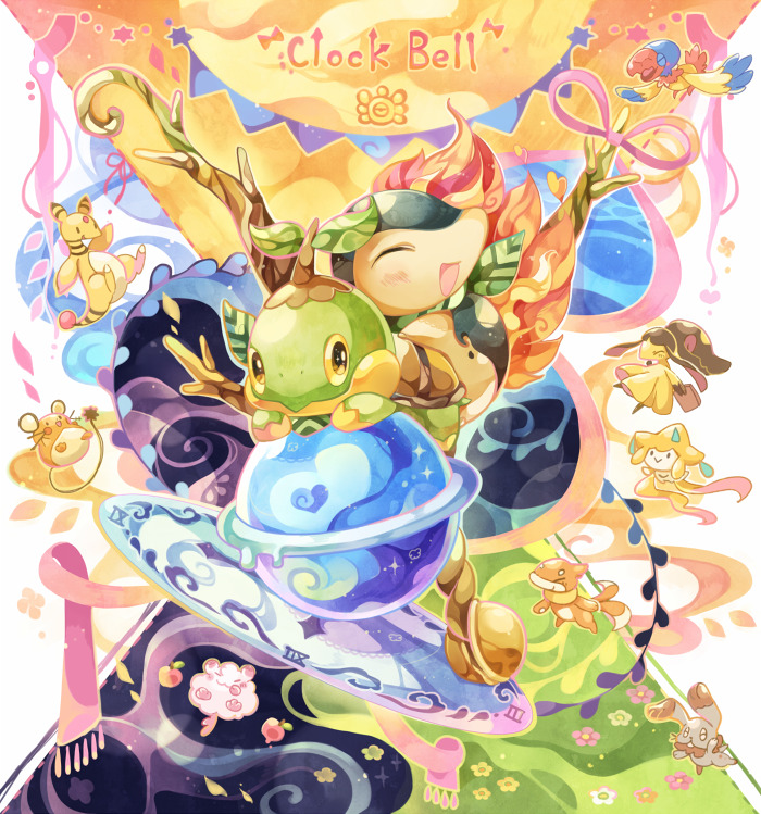 ^_^ ampharos archen bird brown_eyes bunnelby bunny chaloc7 closed_eyes commentary creature cyndaquil dedenne english_text flower flying gen_2_pokemon gen_3_pokemon gen_4_pokemon gen_5_pokemon gen_6_pokemon grass happy jirachi looking_at_viewer mawile no_humans pokemon pokemon_(creature) purple_scarf scarf swirlix symbol_commentary turtwig