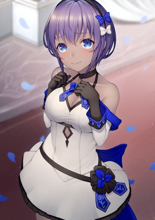 1girl bangs banned_artist bare_shoulders black_gloves blue_bow blue_eyes blue_neckwear blue_ribbon blush bow breasts cleavage closed_mouth collarbone cowboy_shot dark_skin detached_sleeves dress eyebrows_visible_through_hair fate/grand_order fate_(series) frilled_dress frills gloves hair_bow hands_on_own_chest hassan_of_serenity_(fate) kyoeiki long_sleeves medium_breasts neck_ribbon panties petals polka_dot polka_dot_bow purple_hair red_carpet ribbon short_hair smile solo underwear white_bow white_dress white_panties