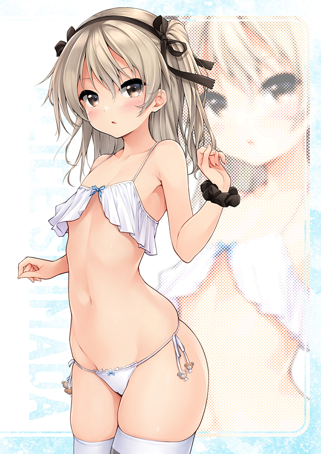 1girl bangs black_ribbon black_scrunchie blush bow bow_panties brown_eyes character_name commentary_request cowboy_shot girls_und_panzer groin hair_ribbon harino646 lace lace-trimmed_panties light_brown_hair lingerie long_hair looking_at_viewer navel one_side_up panties parted_lips ribbon scrunchie shimada_arisu side-tie_panties skindentation solo standing string_panties striped striped_legwear thighhighs underwear w_arms white_panties wrist_scrunchie zoom_layer