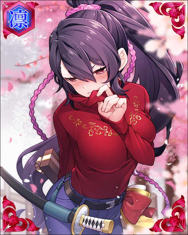 1girl belt black_belt blush braid breasts commentary_request denim hair_between_eyes jeans katana large_breasts long_hair looking_at_viewer official_art pants red_sweater sengoku_bushouki_muramasa solo sweater sword takamiya_ren translation_request twin_braids very_long_hair weapon