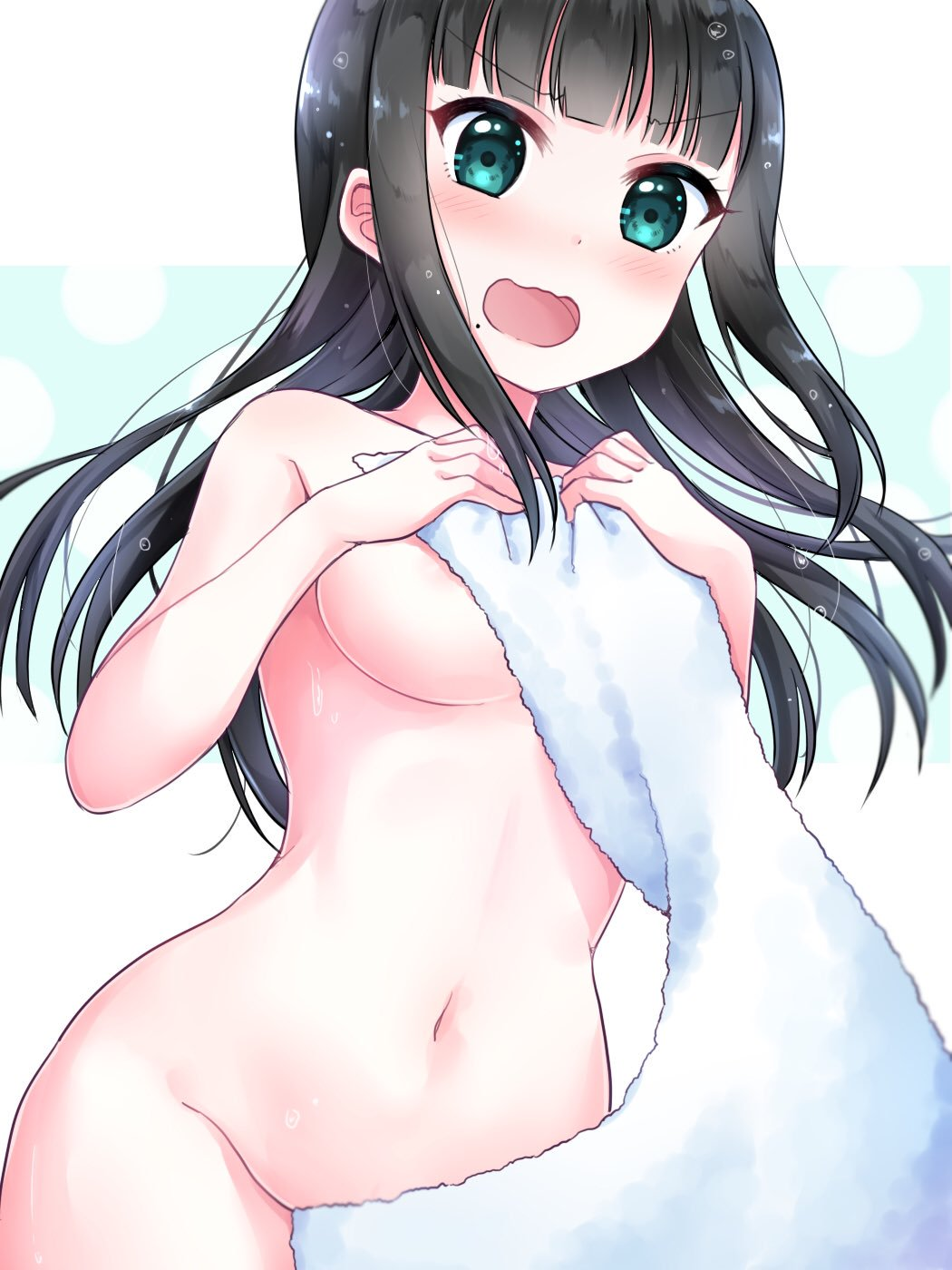 1girl angry aqua_eyes bangs bare_arms bare_shoulders black_hair blunt_bangs blush breasts convenient_censoring covering covering_nipples ears embarrassed eyebrows_visible_through_hair highres kurosawa_dia long_hair love_live! love_live!_sunshine!! medium_breasts midriff mole mole_under_mouth naked_towel navel nude nude_cover open_mouth pipette1223 solo towel wet white_towel