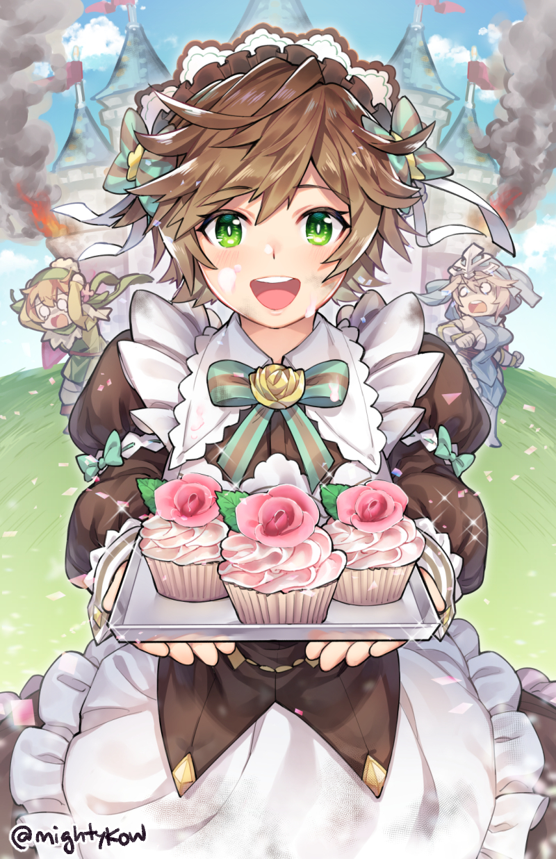 3girls blush breasts brown_hair castle cupcake dragalia_lost eyebrows_visible_through_hair food gebyy-terar green_eyes highres holding holding_tray large_breasts long_sleeves looking_at_viewer messy_hair multiple_girls open_mouth puffy_long_sleeves puffy_sleeves short_hair smile tomboy tray twitter_username upper_teeth