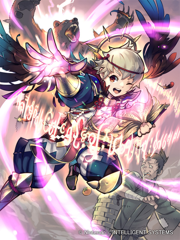 1boy bandages basket bear book bracelet brown_eyes brown_hair circlet fangs feathers fire_emblem fire_emblem_cipher fire_emblem_fates food fruit grey_hair jewelry kinoshita_kotetsu kiragi_(fire_emblem) magic_circle official_art one_eye_closed open_clothes open_mouth open_shirt orange solo teeth