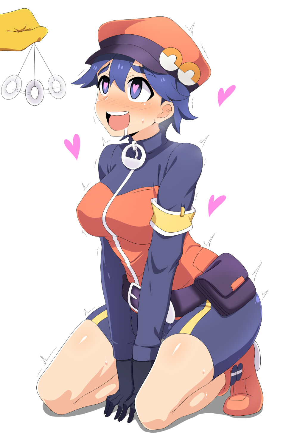 1girl belt bike_shorts black_gloves blue_eyes blush breasts gloves hat heart heart-shaped_pupils highres hypno hypnosis kani_club mind_control open_mouth pokemon pokemon_(game) pokemon_masters pokemon_ranger pokemon_ranger_(pokemon) short_hair simple_background smile symbol-shaped_pupils white_background