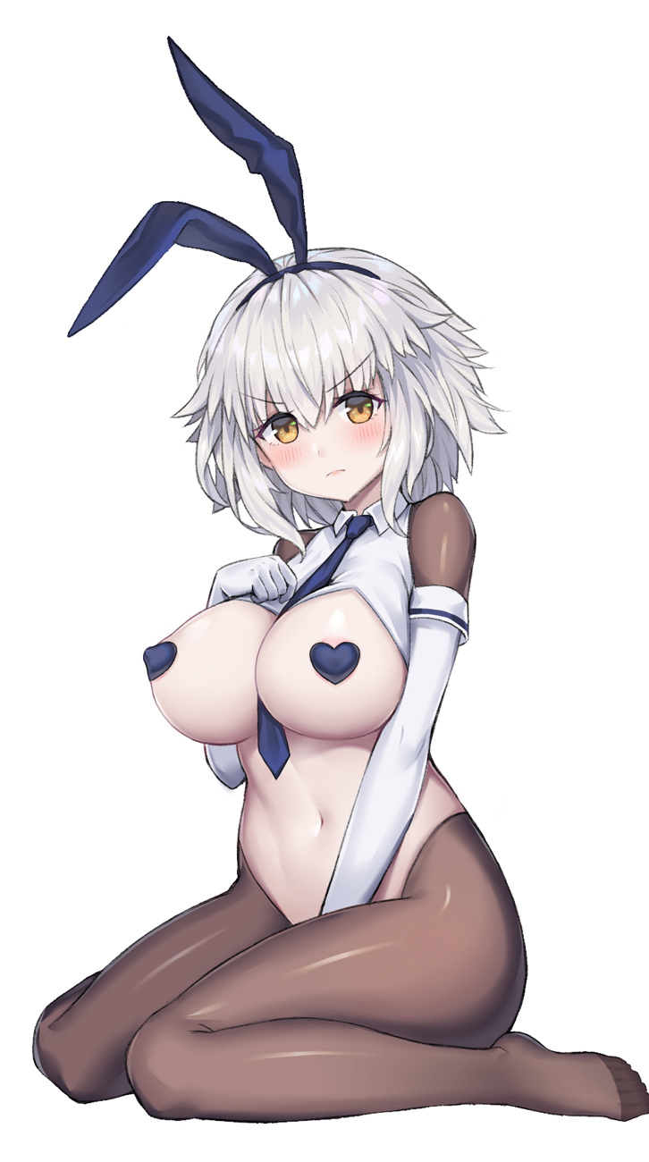 1girl ahoge bangs between_breasts black_legwear blush breasts commentary_request fate/grand_order fate_(series) frown gloves highres jeanne_d'arc_(alter)_(fate) jeanne_d'arc_(fate)_(all) kneeling large_breasts looking_at_viewer necktie no_shoes qin reverse_bunnysuit reverse_outfit short_hair silver_hair simple_background solo white_background white_gloves yellow_eyes