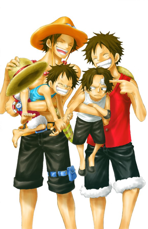 bandages carrying dual_persona hat male_focus monkey_d_luffy multiple_boys one_piece portgas_d_ace smile time_paradox younger