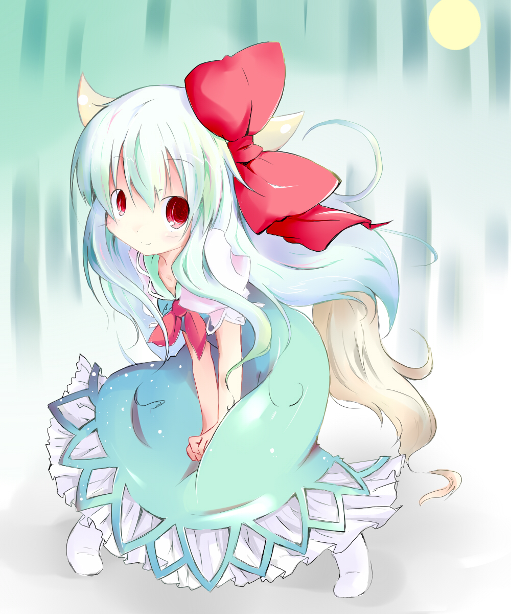 bow colorized ex-keine highres horns kamishirasawa_keine long_hair looking_at_viewer moon red_eyes shichinose smile solo tail touhou