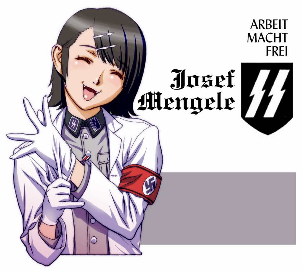 ^_^ bangs black_hair character_name closed_eyes collared_shirt doctor facing_viewer fangs genderswap genderswap_(mtf) german gloves hair_ornament hairclip hairpin head_tilt josef_mengele labcoat latex latex_gloves md5_mismatch motchie nazi open_mouth real_life real_life_insert shirt short_hair sigrunen simple_background smile solo swastika translated upper_body