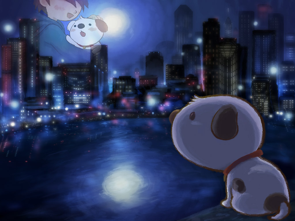 charo city dog little_charo lonely male_focus moon night projected_inset sad shota_(little_charo) sumi_no_hito