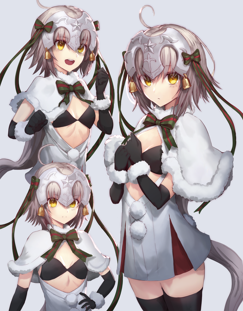 1girl :d ahoge bangosu bangs bell black_bikini_top black_gloves black_legwear blush bow capelet clenched_hand closed_mouth commentary_request elbow_gloves eyebrows_visible_through_hair fate/grand_order fate_(series) fur-trimmed_capelet fur_trim gloves green_bow green_ribbon grey_background hand_on_hip headpiece highres jeanne_d'arc_(fate)_(all) jeanne_d'arc_alter_santa_lily looking_at_viewer multiple_views open_mouth ribbon short_hair silver_hair simple_background smile striped striped_bow striped_ribbon thighhighs white_capelet yellow_eyes