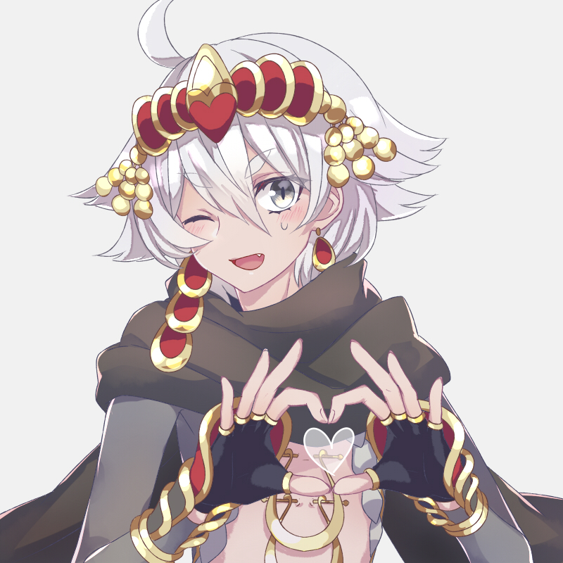 1boy ahoge black_gloves blush braid earrings eyebrows_visible_through_hair fang fingerless_gloves gloves grey_eyes grey_hair heart heart_hands jewelry kommo-o long_hair looking_at_viewer merlusa one_eye_closed open_mouth otoko_no_ko personification pokemon smile solo sweatdrop thick_eyebrows upper_body