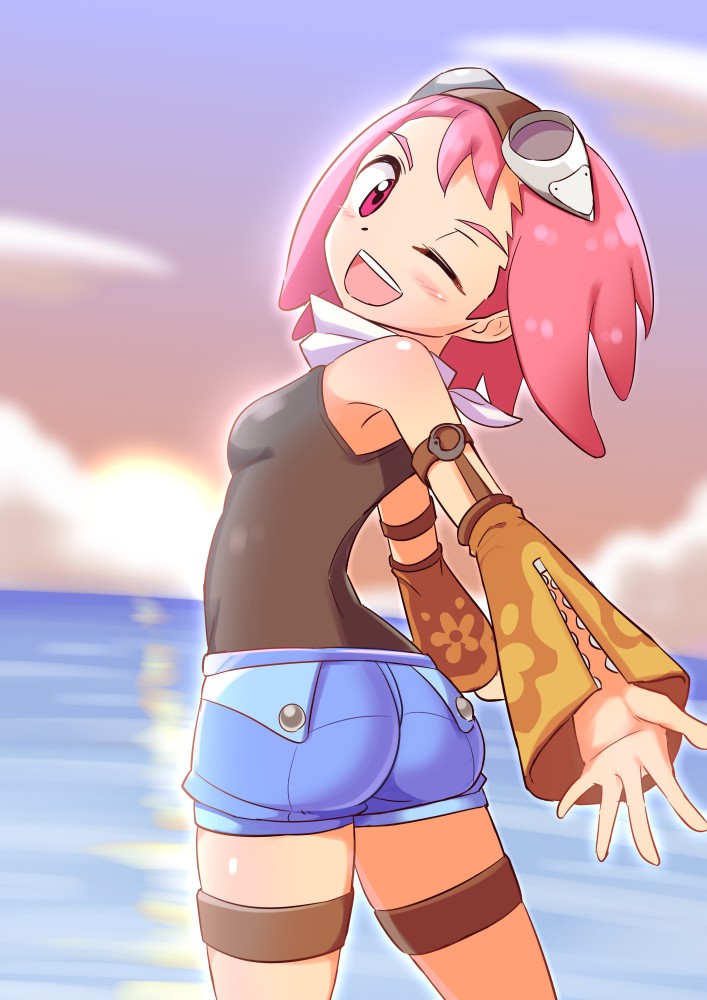 1girl ;d aero ass blush breasts cloud cougar1404 cowboy_shot detached_sleeves dusk goggles goggles_on_head looking_at_viewer looking_back medium_hair ocean one_eye_closed open_mouth pink_hair red_eyes rockman rockman_dash rockman_dash_3 scarf short_shorts shorts small_breasts smile solo sunset