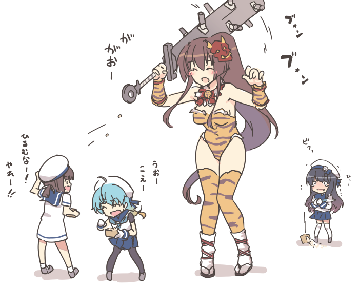 4girls adapted_weapon animal_print bare_shoulders black_hair black_legwear blue_hair blue_sailor_collar blue_skirt box breasts brown_hair cherry_blossoms cleavage closed_eyes club commentary_request cowboy_shot daitou_(kantai_collection) dress flower gauntlets hair_flower hair_ornament hat kantai_collection large_breasts leotard long_hair looking_at_viewer mask mask_on_head matsuwa_(kantai_collection) multiple_girls nakadori_(movgnsk) oni_mask pantyhose playboy_bunny_leotard pleated_skirt ponytail sado_(kantai_collection) sailor_collar sailor_dress sailor_hat school_uniform serafuku setsubun simple_background skirt smile spill strapless strapless_leotard thighhighs throwing tiger_print translation_request weapon white_background white_dress white_headwear yamato_(kantai_collection) yellow_leotard