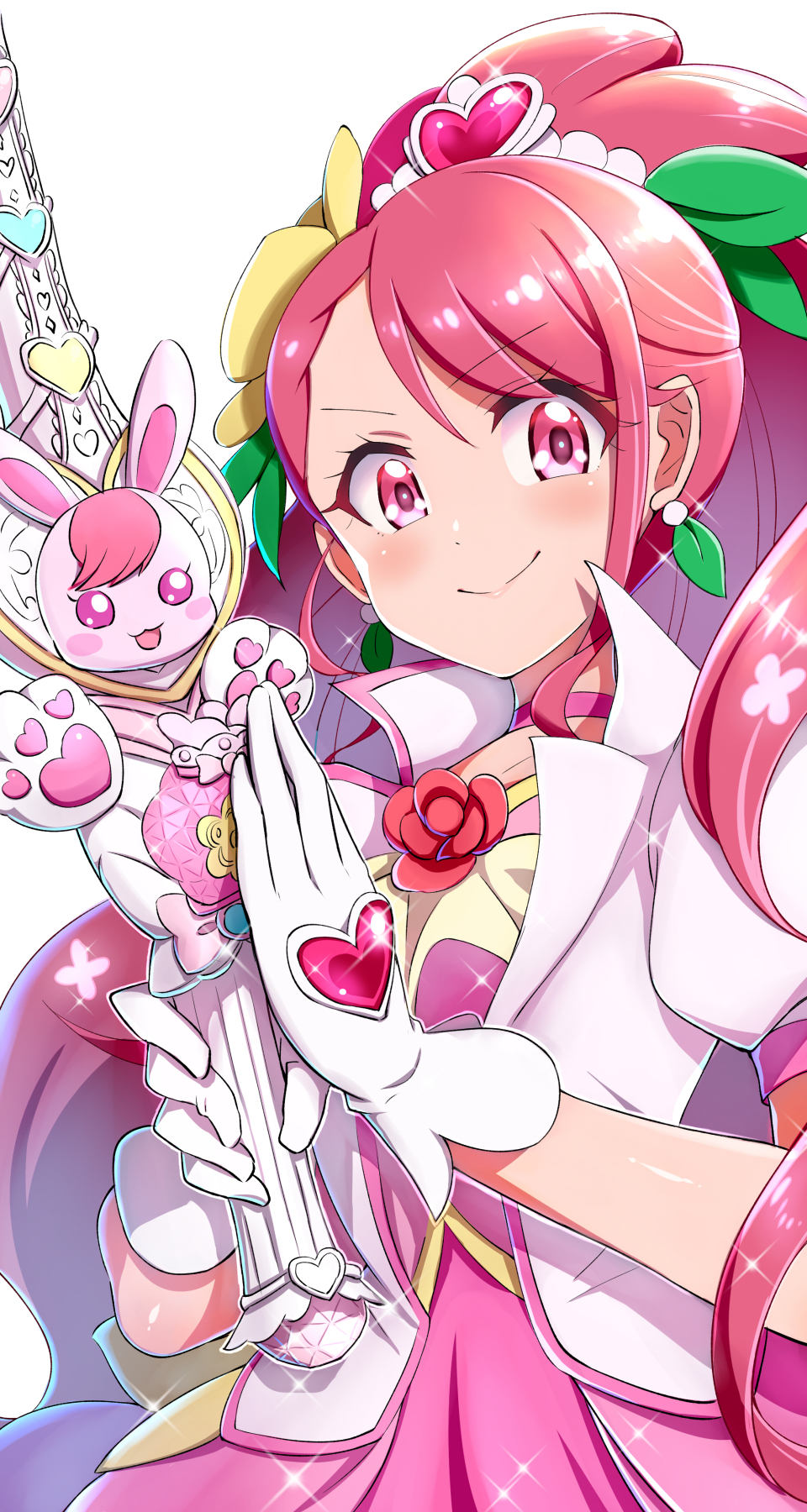 1girl closed_mouth commentary_request cure_grace gloves hanadera_nodoka healin'_good_precure heart highres konboi-eg long_hair looking_at_viewer magical_girl pink_eyes pink_hair precure rabirin_(precure) rise simple_background smile tiara white_background white_gloves