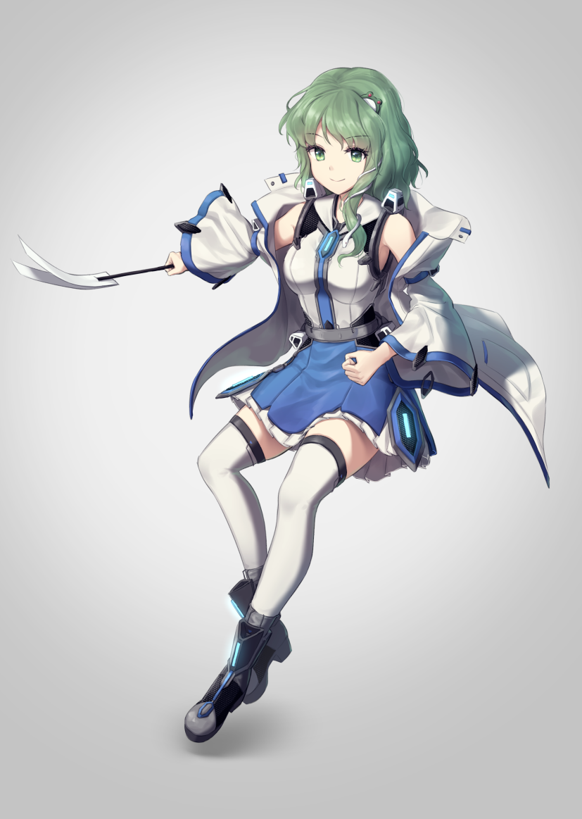 1girl adapted_costume bangs banned_artist bare_shoulders blue_skirt boots breasts commentary_request eyebrows_visible_through_hair frog_hair_ornament full_body green_eyes green_hair grey_background hair_ornament holding jacket kochiya_sanae long_hair looking_at_viewer medium_breasts miniskirt minust open_clothes open_jacket petticoat shadow shirt skirt smile snake_hair_ornament solo thighhighs touhou white_jacket white_legwear white_shirt zettai_ryouiki