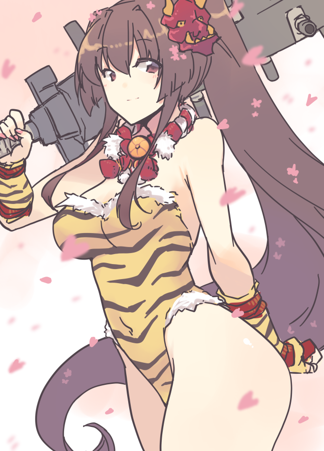 1girl adapted_weapon animal_print breasts brown_hair cherry_blossoms cleavage club commentary_request cowboy_shot flower gauntlets hair_flower hair_ornament kantai_collection large_breasts leotard long_hair looking_at_viewer mask mask_on_head nakadori_(movgnsk) oni_mask playboy_bunny_leotard ponytail smile solo strapless strapless_leotard tiger_print weapon yamato_(kantai_collection) yellow_leotard