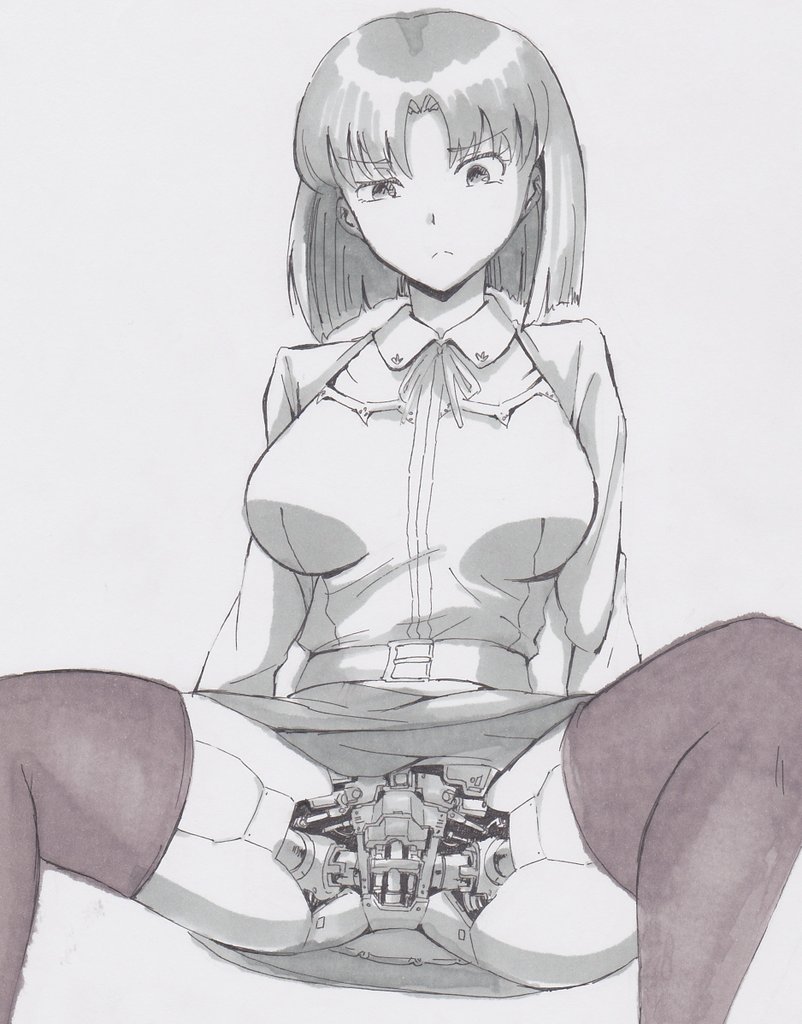 1girl android arm_support bangs belt breasts closed_mouth collared_shirt damaged eyebrows_visible_through_hair grey_background impossible_clothes impossible_shirt kashiyuki large_breasts long_sleeves mecha_musume medium_hair original parted_bangs parts_exposed raised_eyebrows shirt simple_background solo spread_legs thighhighs thighs upskirt