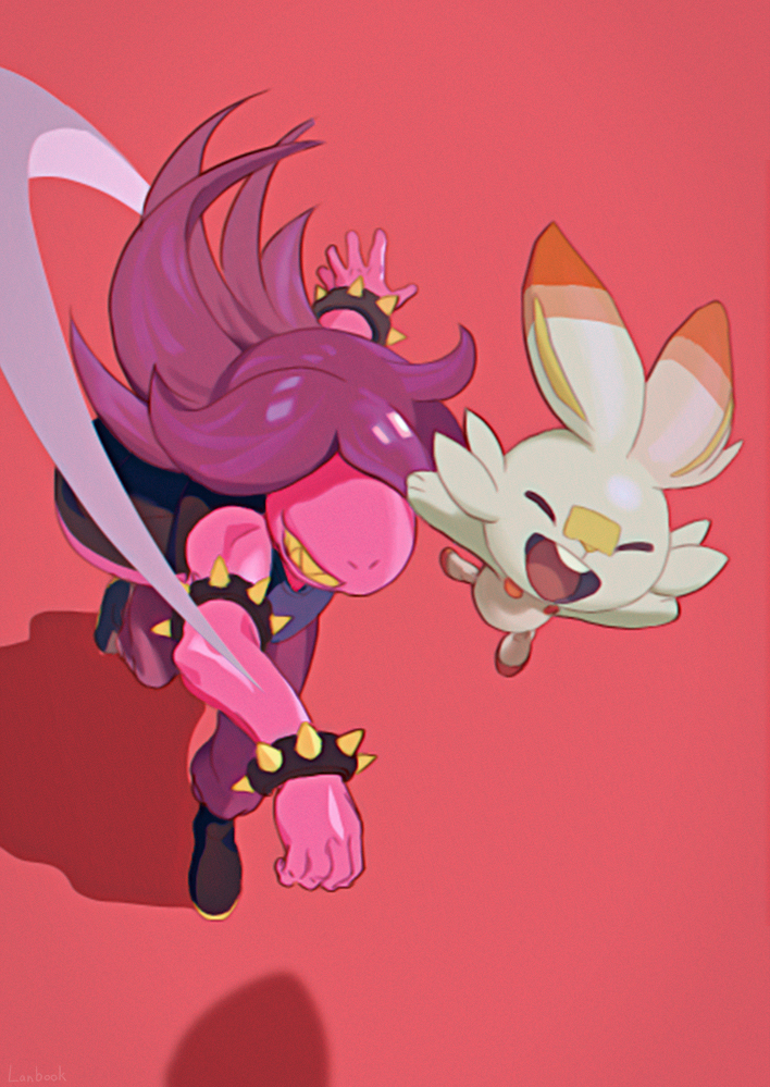 ambiguous_gender cheek_tuft clothing crossover deltarune duo eyes_closed facial_tuft female fingers hair hair_over_eye lanbook long_hair markings nintendo one_eye_obstructed open_mouth pink_body pok&eacute;mon pok&eacute;mon_(species) purple_hair red_background red_markings reptile scalie scorbunny simple_background smile spikes susie_(deltarune) tongue tuft video_games white_body yellow_teeth