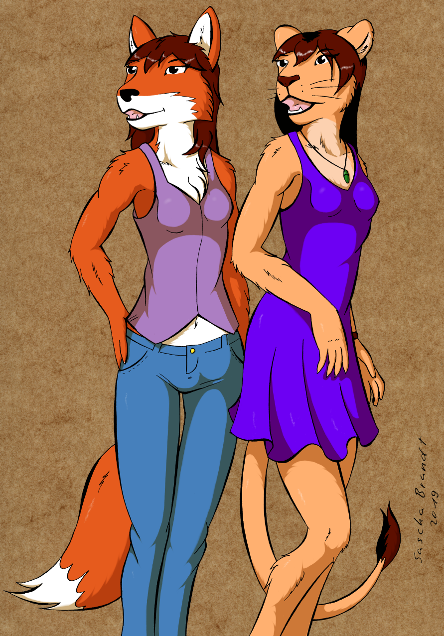 anthro canid canine duo felid female fox hi_res lion lionclaw1 lionheart mammal pantherine sandra sarah summer_dress