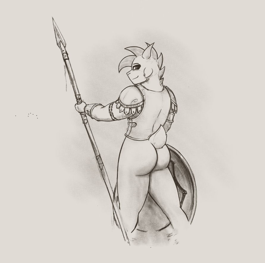 anthro armor bovid butt cabura caprine clothed clothing ear_piercing goat half_naked horn looking_at_viewer looking_back male mammal melee_weapon nude partially_clothed piercing polearm shield smile solo sorin(cabura) spear weapon