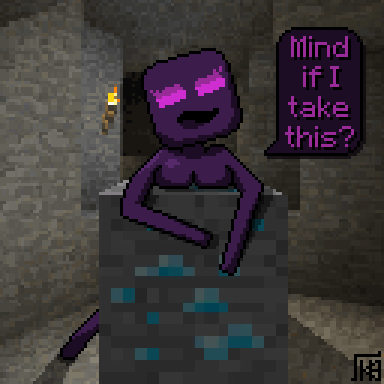 1:1 2020 breasts cave crossgender dialogue diamond_block digital_media_(artwork) enderman english_text featureless_breasts female kaida_0 looking_at_viewer low_res minecraft not_furry nude pixel_(artwork) signature smile smirk solo standing talking_to_viewer text torch video_games