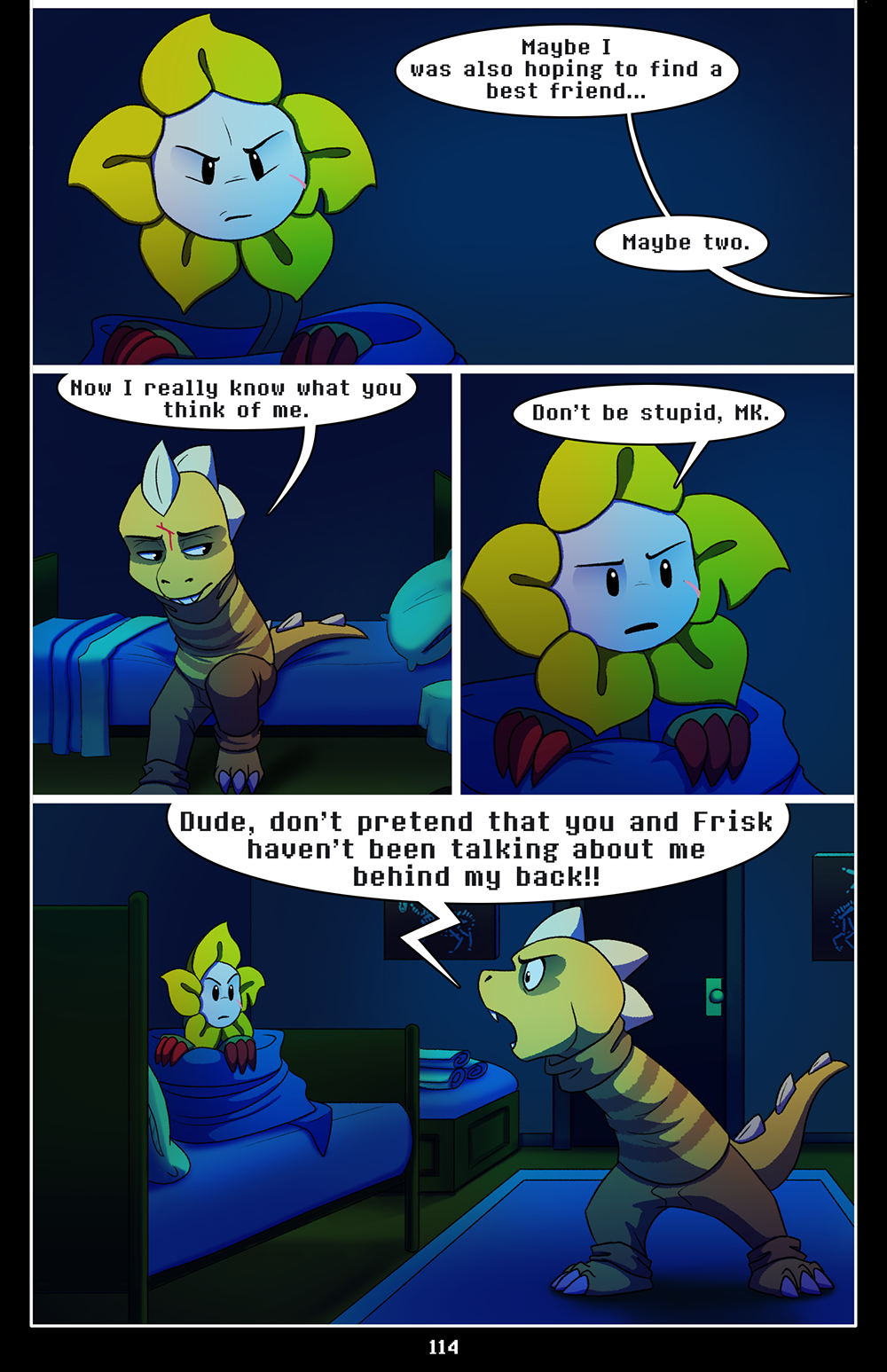 absolutedream bedding blanket comic dialogue duo elemental_creature english_text flora_fauna flowey_the_flower hi_res hybrid male monster_kid petals plant scar text undertale video_games