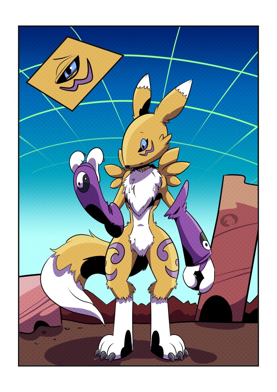after_transformation anthro blue_eyes canid canine confusion digimon digimon_(species) female fox hi_res mammal markings purple_markings renamon solo transformation trevor-fox tuft