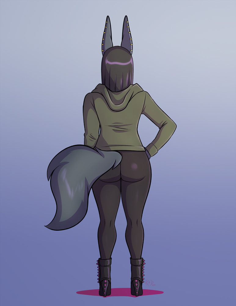 anthro anubian_jackal big_butt butt canid canine canis clothing conditional_dnp female fur grey_body grey_fur jackal kadath mammal nightshade_(kadath) solo