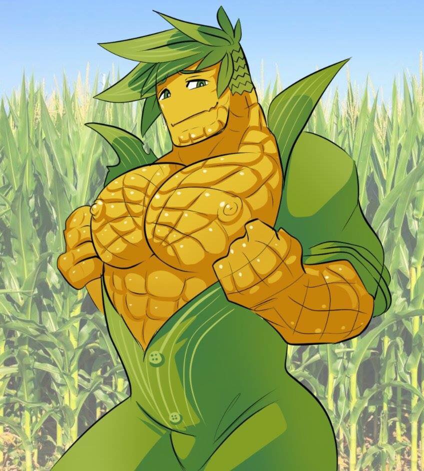 anthro breasts cleft_chin clothed clothing corn digital_media_(artwork) elemental_creature flora_fauna green_eyes humanoid looking_at_viewer male nipples photo_background plant presenting presenting_breasts smile solo unknown_artist yellow_body