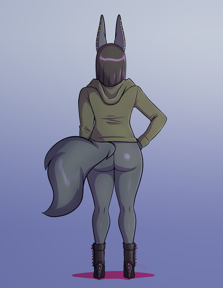 2020 anthro black_hair boots bottomless butt canid canine canis clothed clothing conditional_dnp digital_media_(artwork) female footwear hair hoodie jackal kadath mammal nightshade_(kadath) rear_view solo topwear