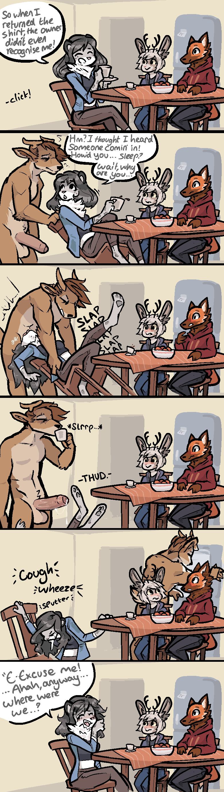 absurd_res anthro canid canine cervid comic deep_throat exhibitionism face_fucking felid female forced forced_oral genitals group half_asleep hi_res horn humanoid_genitalia humanoid_penis jackalope jam_(artist) lagomorph male male/female mammal maned_wolf meme oral oral_penetration pantherine penetration penis sex sleep_sex sleeping sleepwalking snow_leopard surprise surprise_oral