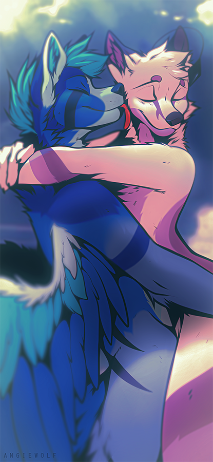 2020 angiewolf anthro black_nose blue_body blue_feathers canid canine digital_media_(artwork) duo eyes_closed feathered_wings feathers fox hybrid male mammal nude smile wings