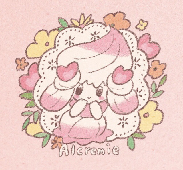 2019 :&gt; alcremie ambiguous_gender blush buke3jp flower food food_creature food_humanoid humanoid nintendo not_furry pink_background pink_body plant pok&eacute;mon pok&eacute;mon_(species) simple_background solo text video_games white_body