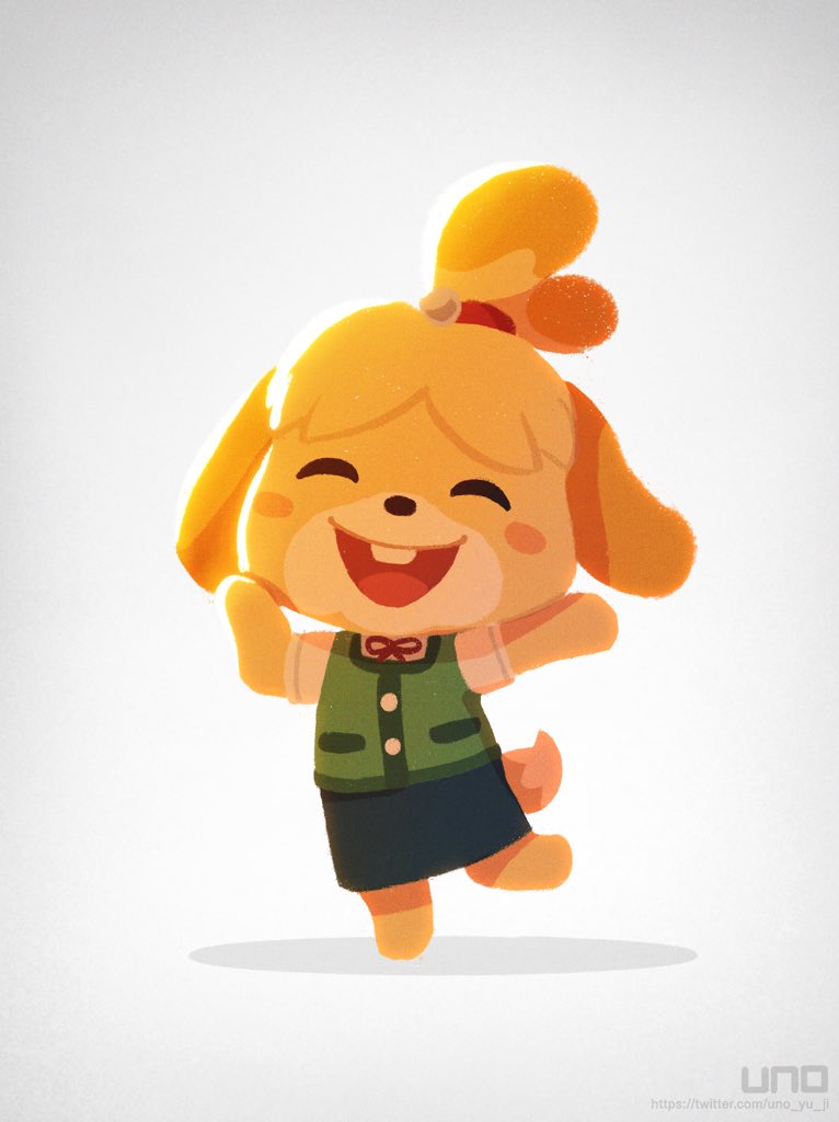2020 accessory animal_crossing anthro black_nose blush canid canine canis clothing domestic_dog eyes_closed female floppy_ears hair_accessory isabelle_(animal_crossing) mammal nintendo open_mouth open_smile signature smile solo text uno_yuuji url video_games