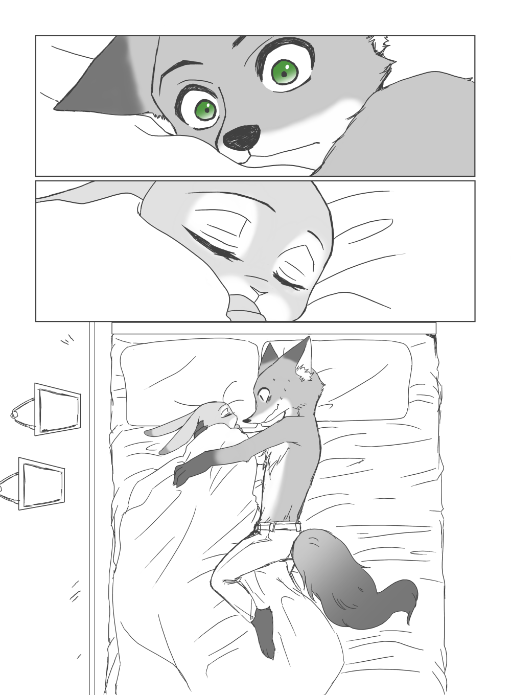 ambiguous_gender anthro barefoot bed bedding bird's-eye_view blanket bodily_fluids bottomwear canid canine clothed clothing comic disney duo eyes_closed fluffy fluffy_tail fox furniture green_eyes hi_res high-angle_view inner_ear_fluff inside judy_hopps lagomorph leporid looking_at_another male male/ambiguous mammal nick_wilde on_bed pants pillow puki rabbit red_fox sleeping sweat sweatdrop topless tuft under_covers zootopia