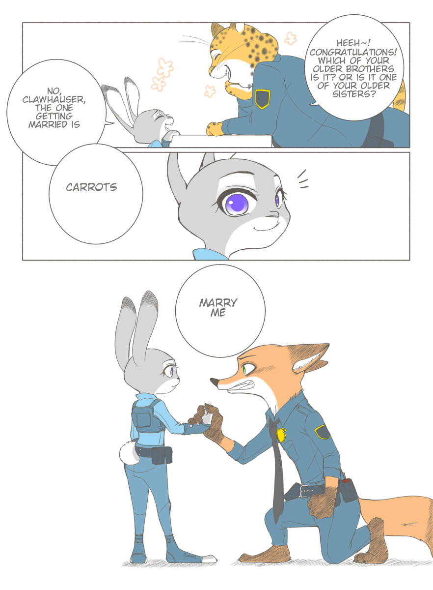 2016 alternate_version_at_source anthro benjamin_clawhauser canid canine cheetah clothed clothing comic dialogue disney edit english_text felid feline fox fully_clothed fur grey_body grey_fur hard_translated hi_res judy_hopps kneeling lagomorph leporid mammal nick_wilde open_mouth open_smile orange_body orange_fur police_uniform puki purple_eyes rabbit red_fox smile speech_bubble standing text translated uniform zootopia